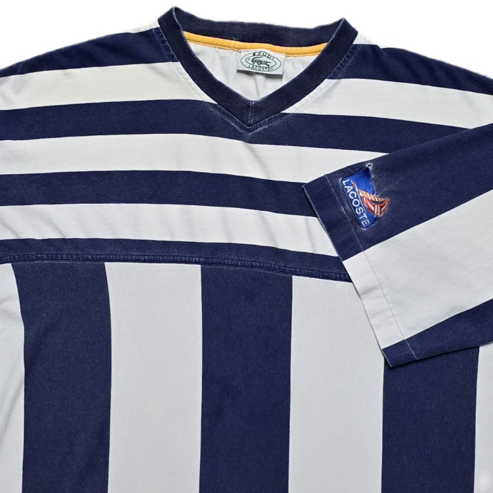 80s VTG Izod Lacoste Boat Shirt Mens L Single Stitch V Neck Blue White Striped